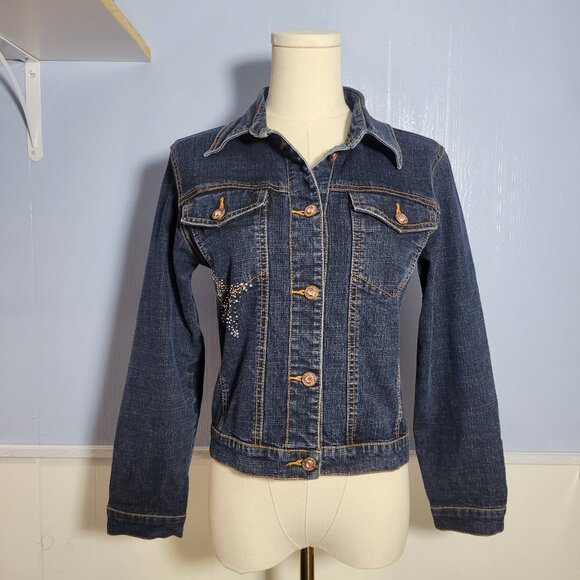 Arizona Jean Co. Juniors Large Dark Wash Denim Blue Butterfly Button Jean Jacket - Picture 1 of 11